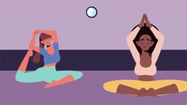 Yoga yapan ırklar arası kızlar, 4k video animasyonu.