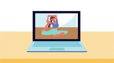 Laptop 'ta yoga yapan kadın, 4k video animasyonu.