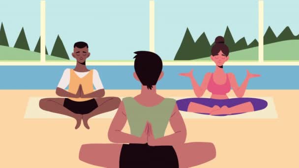 Yoga Yapan Irklar Arası Insanlar Video Animasyonu — Stok video
