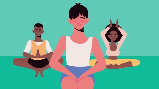 Rasblandat Folk Som Utövar Yoga Positioner Video Animerad — Stockvideo