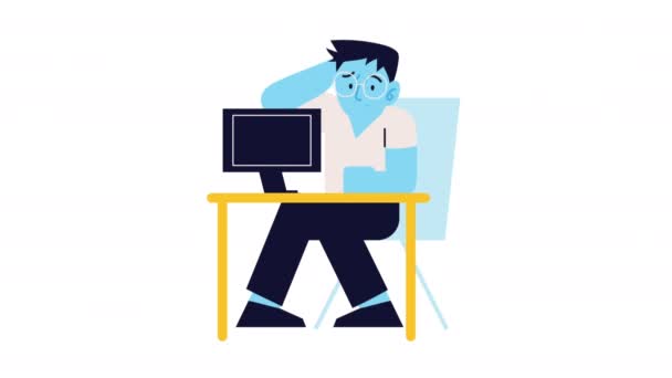 Trabalhador Homem Preocupado Usando Animação Desktop Vídeo Animado — Vídeo de Stock
