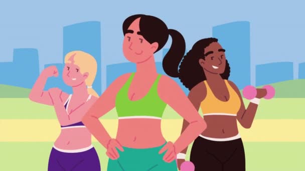 Interracial Fitness Girls City Video Animated — Stockvideo