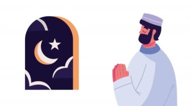 Müslüman adam ve pencere karakteri, 4k video animasyonu