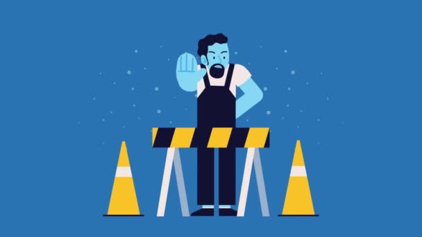 Construtor Homem Com Cerca Cones Vídeo Animado — Vídeo de Stock