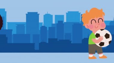 interracial little kids couple on the city ,4k video animated