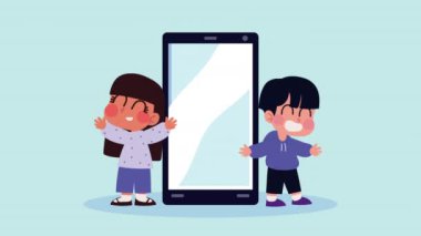 little kids couple with smartphone animation ,4k video animated
