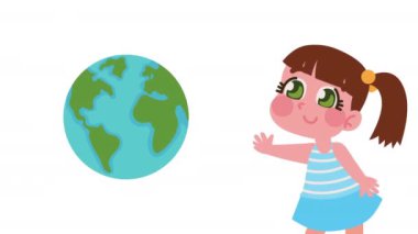 little girl with world planet ,4k video animated