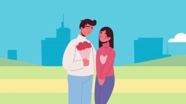lovers couple with flowers bouquet ,4k video animated
