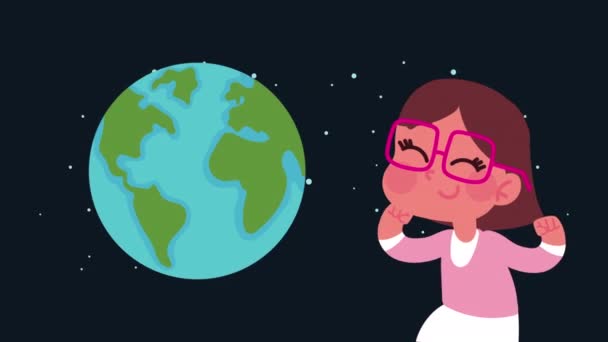 Gadis Kecil Dengan Animasi Planet Bumi Animasi Video — Stok Video