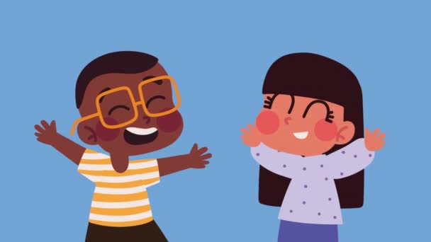 異人種間の子供たちカップルキャラクターアニメーション4Kビデオアニメーション — ストック動画