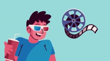 Adam sinema 3D bardakları kullanıyor soda içiyor, 4k video animasyonu yapıyor.