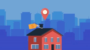 Etiket animasyonlu kırmızı ev cephesi, 4k video animasyonu