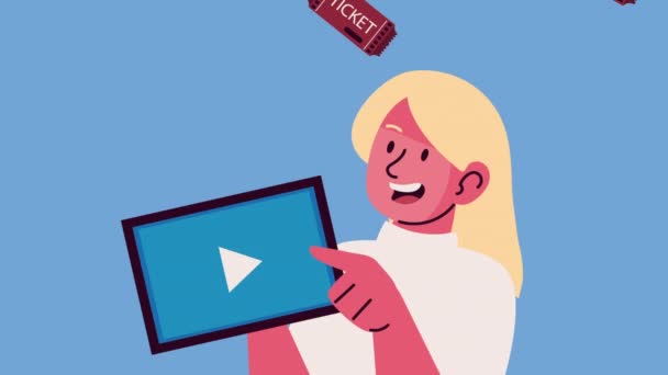 Mujer Viendo Película Tableta Video Animado — Vídeo de stock