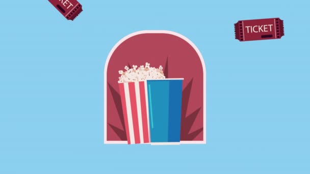 Bilhetes Cinema Com Milho Pop Refrigerante Vídeo Animado — Vídeo de Stock