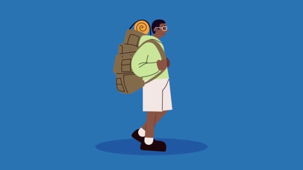 アフロ男性旅行者旅行バッグアニメーション4Kビデオアニメーション — ストック動画