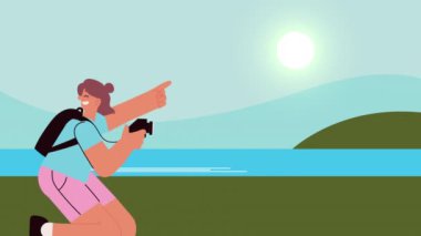 Kamera karakteri animasyonlu kadın gezgin, 4k video animasyonu