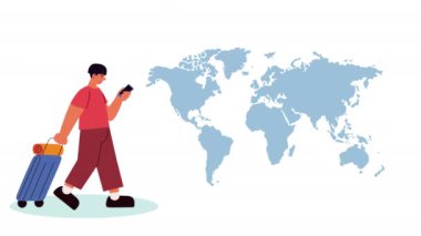 Çantalı ve dünya haritalı erkek gezgin, 4k video animasyonu