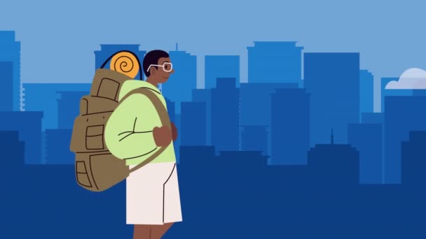 アフロ男性旅行者旅行バッグアニメーション4Kビデオアニメーション — ストック動画