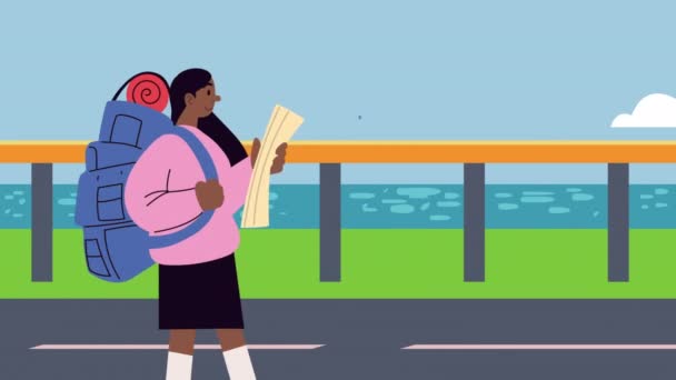 Afro Női Utazó Papír Térkép Karakter Videó Animált — Stock videók