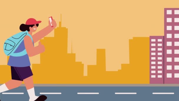 スマートフォンキャラクターアニメーション4Kビデオアニメーションを持つ女性旅行者 — ストック動画