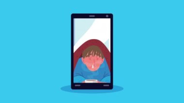 Akıllı telefon karakteri olan hasta bir adam, 4k video animasyonu