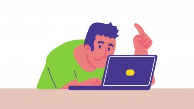 İş adamı dizüstü bilgisayar karakteri kullanıyor, 4k video animasyonu