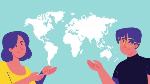 Young Couple Speaking World Map Video Animated — Stockvideo