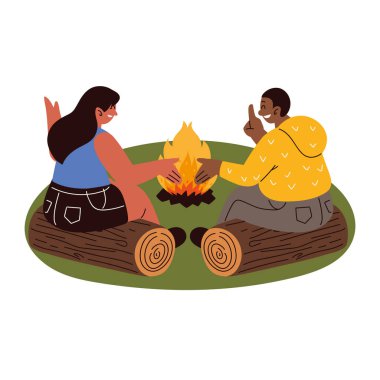 people in campfire icon white background
