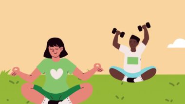 interracial athletes couple fitness characters ,4k video animated