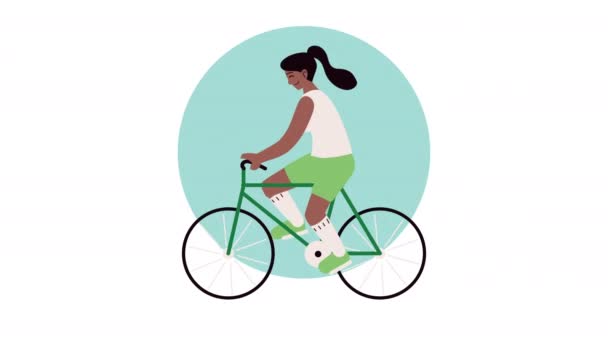 Afro Atlético Mulher Praticando Ciclismo Personagem Vídeo Animado — Vídeo de Stock