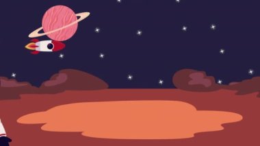 Satürn gezegen animasyonuna sahip astronot, 4k video animasyonu