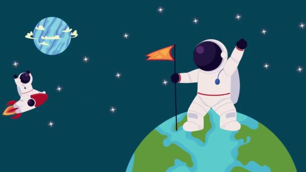 Космонавты Флагами Ракетной Анимацией Видео Анимация — стоковое видео