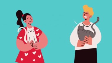 owners couple with cats characters ,4k video animated