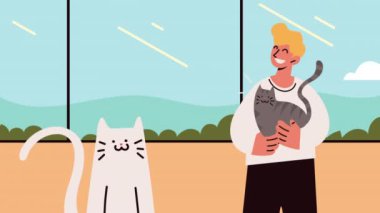 blond man with cute cats ,4k video animated