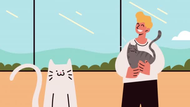 Blond Man Cute Cats Video Animated — Stockvideo