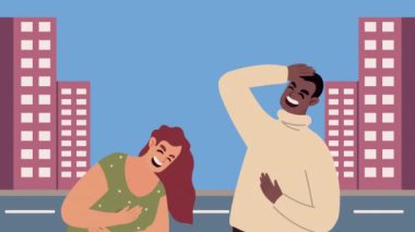 interracial couple laughing on the city ,4k video animated