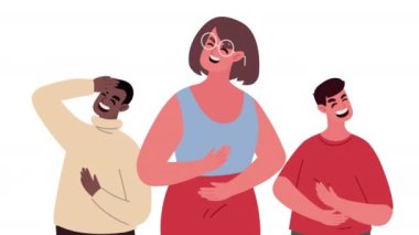 three interracial happy persons laughing ,4k video animated