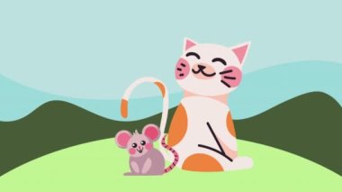 cute mouse and cat in the camp ,4k video animated