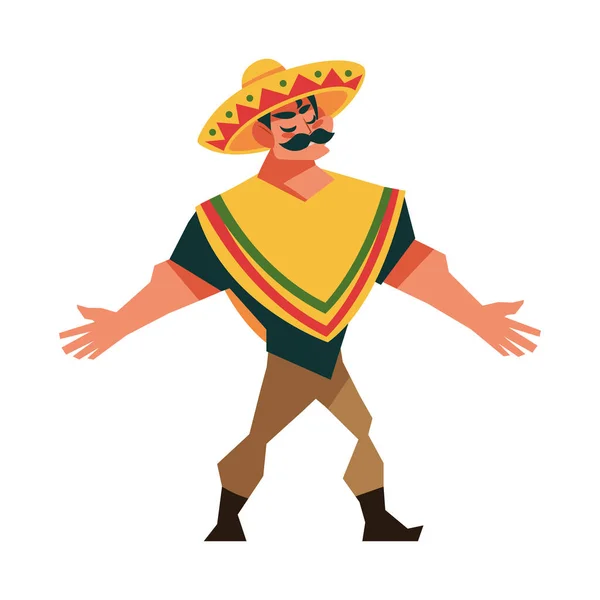 Man Mexikanska Traditionell Hatt Och Poncho — Stock vektor