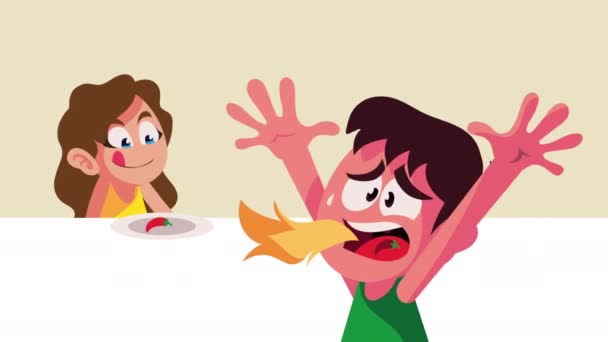 Petits Enfants Couple Manger Piment Personnages Vidéo Animée — Video