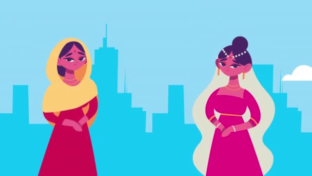 Elegante Meisjes Indiase Cultuur Personages Animatie Video Geanimeerd — Stockvideo