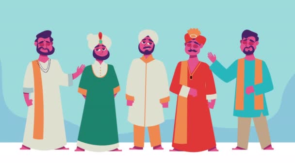 Skupina Mužských Indických Kulturních Postav Video Animované — Stock video
