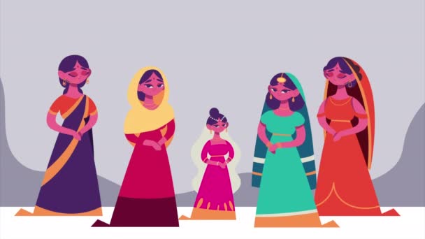 Skupina Ženských Indických Kulturních Postav Video Animované — Stock video