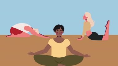 Yoga yapan ırklar arası insanlar, 4k video animasyonu