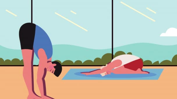 Hombres Jóvenes Practicando Yoga Personajes Video Animado — Vídeos de Stock