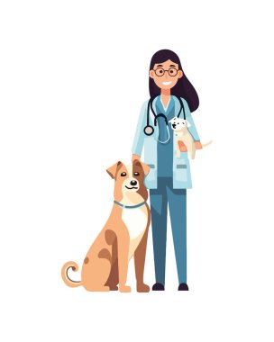 Neşeli veteriner ve şirin köpek yavruları izole edilmiş.