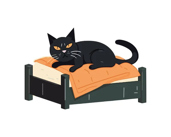 Cute Kitten Resting Comfortable Bed Icon Isolated — Stock Vector