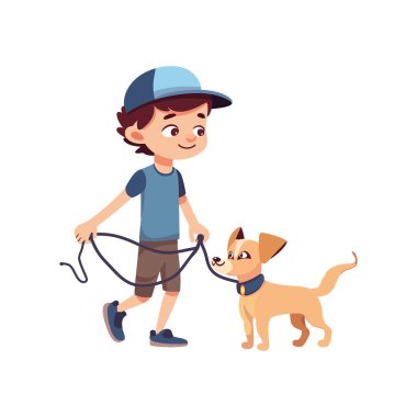 Tatlı çizgi film köpeği ve çocuk yürüyen ikonu izole edilmiş.