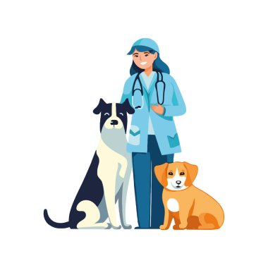 Gülümseyen veteriner, izole şirin köpek yavrularını sever.