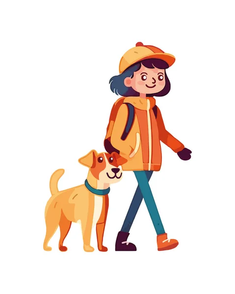 stock vector Smiling girl and puppy walking icon isolated